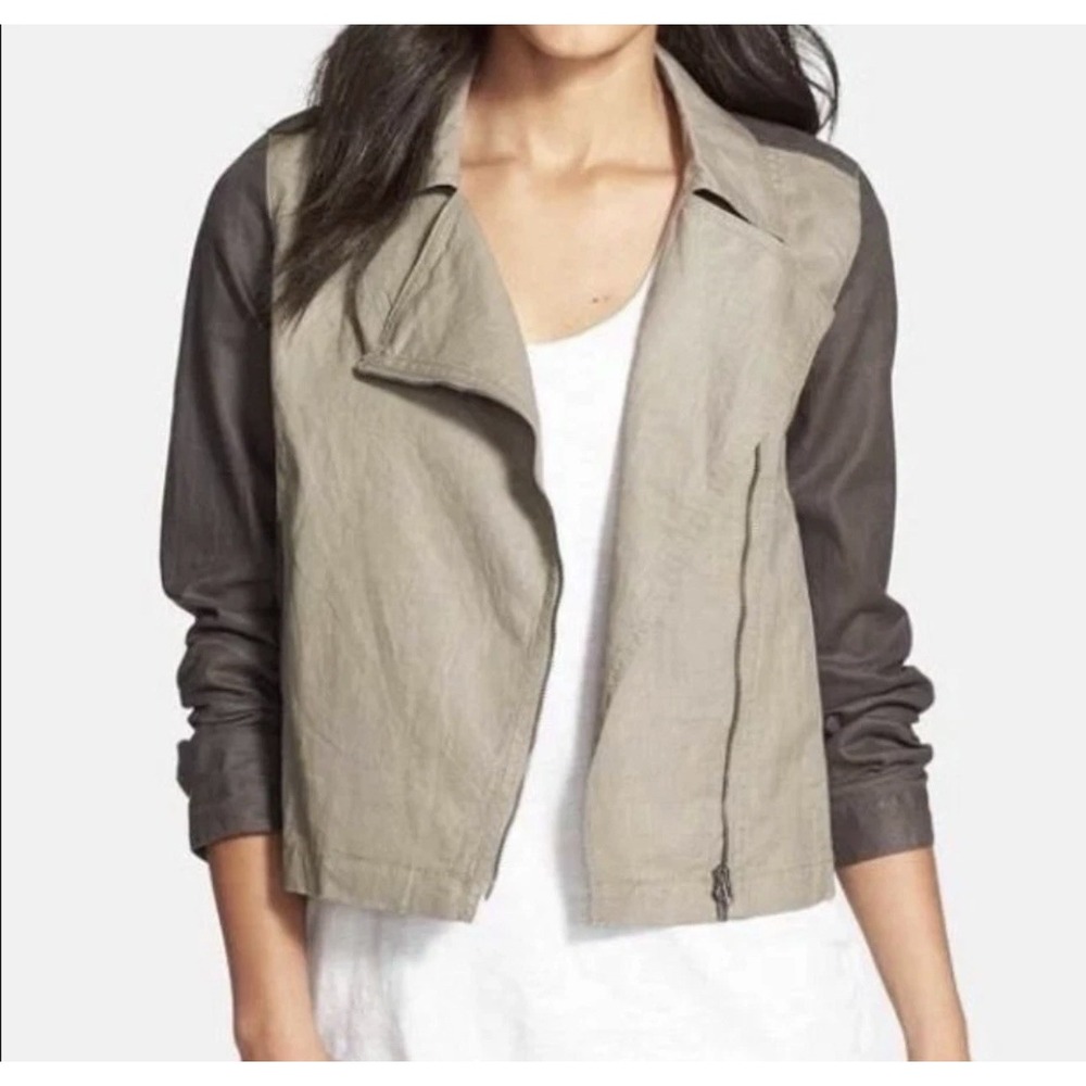 Eileen Fisher Organic Linen Moto Jacket Small Petite Two Tone Zip Lightweight